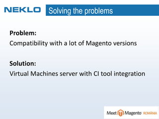 Solving the problems
Problem:
Compatibility with a lot of Magento versions
Solution:
Virtual Machines server with CI tool integration
 