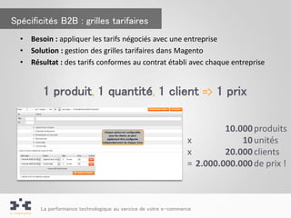 Spécificités B2B : grilles tarifaires
  •   Besoin : appliquer les tarifs négociés avec une entreprise
  •   Solution : gestion des grilles tarifaires dans Magento
  •   Résultat : des tarifs conformes au contrat établi avec chaque entreprise


         1 produit, 1 quantité, 1 client                              =>   1 prix

                                                                          10.000 produits
                                                                 x            10 unités
                                                                 x        20.000 clients
                                                                 = 2.000.000.000 de prix !



        La performance technologique au service de votre e-commerce
 