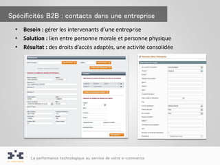 Spécificités B2B : contacts dans une entreprise
  •   Besoin : gérer les intervenants d’une entreprise
  •   Solution : lien entre personne morale et personne physique
  •   Résultat : des droits d’accès adaptés, une activité consolidée




         La performance technologique au service de votre e-commerce
 