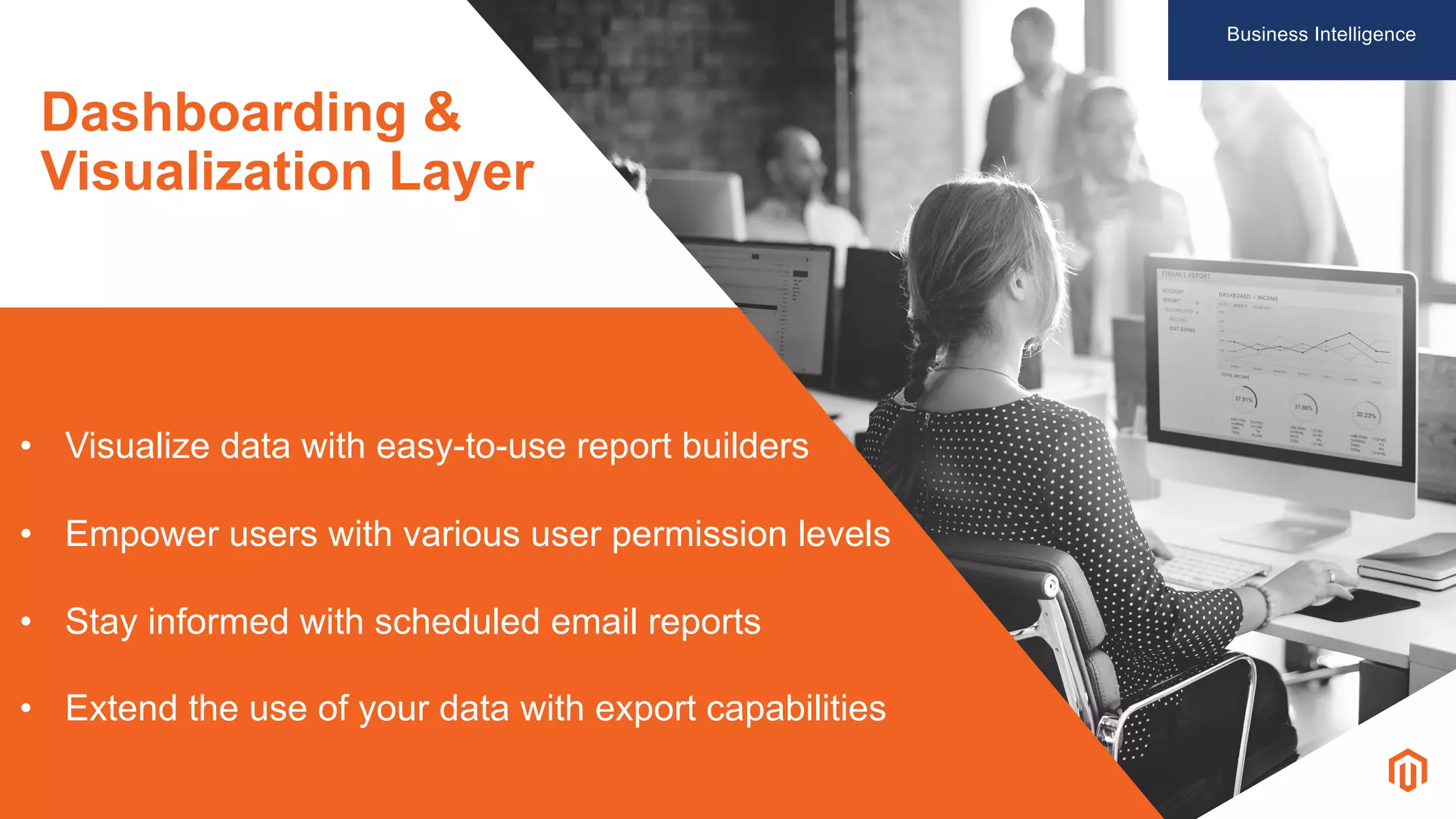 • Visualize data with easy-to-use report builders
• Empower users with various user permission levels
• Stay informed with scheduled email reports
• Extend the use of your data with export capabilities
Dashboarding &
Visualization Layer
Business Intelligence
 