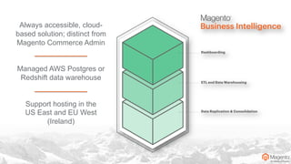 Always accessible, cloud-
based solution; distinct from
Magento Commerce Admin
Managed AWS Postgres or
Redshift data warehouse
Support hosting in the
US East and EU West
(Ireland)
 