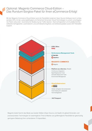 Optional: Magento Commerce Cloud-Edition –
Das Rundum-Sorglos-Paket für Ihren eCommerce-Erfolg!
Mit der Magento Commerce Cloud Edition wird die Flexibilität moderner Open Source Software durch umfas-
sendste APIs mit der Leistungsfähigkeit und Sicherheit führender Cloud-Technologien zu einem unschlagba-
ren Paket verbunden: Automatische Skalierung bei Traffic-Spitzen, Hochverfügbarkeit und Ausfallsicherheit,
weltweite Verfügbarkeit, automatische und zentralisierte Bugfixes und Softwareupdates, sowie 24/7 Hersteller-
support.
Magento bietet hiermit das Beste aus beiden Welten (Open Source und SaaS) mit global führenden und
praxiserprobten Technologien für bestmögliche Time-to-Market und größtmögliche Flexibilität bei gleichzeitig
geringerer Belastung Ihrer vorhandenen IT-Kapazitäten.
Quelle: Magento Inc.
 