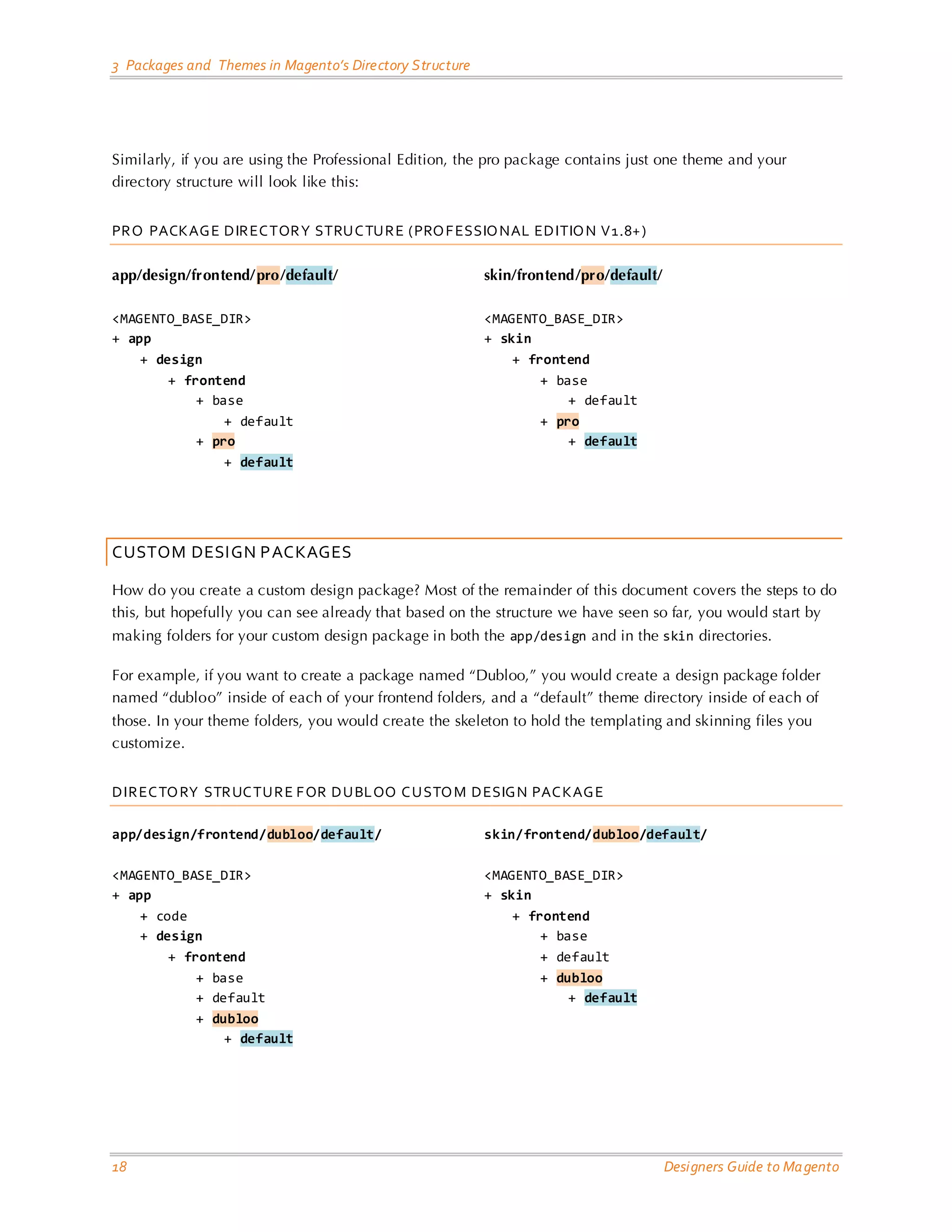 3 Packages and Themes in Magento’s Directory Structure Similarly, if you are using the Professional Edition, the pro package contains just one theme and your directory structure will look like this: PRO PACKAG E DIR EC TOR Y STRUC TURE (PRO F ESSIO NAL EDITIO N V1.8+ ) app/design/frontend/pro/default/ skin/frontend/pro/default/ <MAGENTO_BASE_DIR> <MAGENTO_BASE_DIR> + app + skin + design + frontend + frontend + base + base + default + default + pro + pro + default + default CUSTOM DESIGN PACKAGES How do you create a custom design package? Most of the remainder of this document covers the steps to do this, but hopefully you can see already that based on the structure we have seen so far, you would start by making folders for your custom design package in both the app/design and in the skin directories. For example, if you want to create a package named “Dubloo,” you would create a design package folder named “dubloo” inside of each of your frontend folders, and a “default” theme directory inside of each of those. In your theme folders, you would create the skeleton to hold the templating and skinning files you customize. DIREC TO RY STRUC TURE F OR DUBLOO C USTO M DESIG N PAC KAG E app/design/frontend/dubloo/default/ skin/frontend/dubloo/default/ <MAGENTO_BASE_DIR> <MAGENTO_BASE_DIR> + app + skin + code + frontend + design + base + frontend + default + base + dubloo + default + default + dubloo + default 18 Designers Guide to Ma gento 