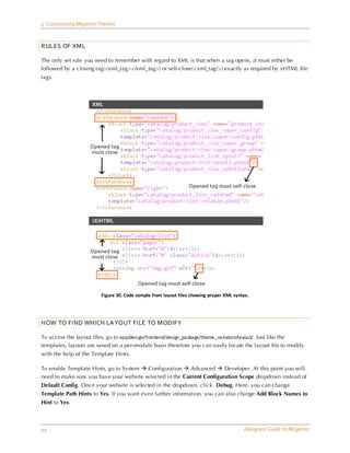 5 Customizing Magento Themes



RULES OF XML

The only set rule you need to remember with regard to XML is that when a tag opens, it must either be
followed by a closing tag(<xml_tag></xml_tag>) or self-close(<xml_tag/>) exactly as required by xHTML file
tags.




                         Figure 30. Code sample from layout files showing proper XML syntax.




HOW TO FIND WHICH LAYOUT FILE TO MODIFY

To access the layout files, go to app/desi gn/frontend/design_pa cka ge/theme_va riation/la yout/. Just like the
templates, layouts are saved on a per-module basis therefore you can easily locate the layout file to modify
with the help of the Template Hints.

To enable Template Hints, go to System  Configuration  Advanced  Developer. At this point you will
need to make sure you have your website selected in the Current Configuration Scope dropdown instead of
Default Config. Once your website is selected in the dropdown, click Debug. Here, you can change
Template Path Hints to Yes. If you want even further information, you can also change Add Block Names to
Hint to Yes.



44                                                                                       Designers Guide to Ma gento
 