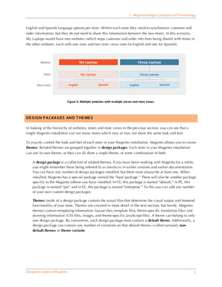 2 Magento Design Concepts and Terminology


English and Spanish language options per store. Within each store they need to synchronize customer and
order information, but they do not need to share this information between the two stores. In this scenario,
My Laptops would have two websites (which stops customer and order info from being shared with stores in
the other website), each with one store and two store views (one for English and one for Spanish).




                              Figure 4. Multiple websites with multiple stores and store views.




DESIGN PACKAGES AND THEMES

In looking at the hierarchy of websites, stores and store views in the previous section, you can see that a
single Magento installation can run many stores which may or may not share the same look and feel.

To exactly control the look and feel of each store in your Magento installation, Magento allows you to create
themes. Related themes are grouped together in design packages. Each store in your Magento installation
can use its own theme, or they can all share a single theme, or some combination of both.

    A design package is a collection of related themes. If you have been working with Magento for a while,
    you might remember these being referred to as interfaces in earlier versions and earlier documentation.
    You can have any number of design packages installed, but there must always be at least one. When
    installed, Magento has a special package named the “base package.” There will also be another package
    specific to the Magento edition you have installed. In CE, this package is named “default;” in PE, this
    package is named “pro” and in EE, this package is named “enterprise.” To this you can add any number
    of your own custom design packages.

    Themes inside of a design package contain the actual files that determine the visual output and frontend
    functionality of your store. Themes are covered in more detail in the next section, but briefly, Magento
    themes contain templating information (layout files, template files, theme-specific translation files) and
    skinning information (CSS files, images, and theme-specific JavaScript files). A theme can belong to only
    one design package. By convention, each design package must contain a default theme. Additionally, a
    design package can contain any number of variations on that default theme—called variously non-
    default themes or theme variants.




Designers Guide to Ma gento                                                                                        5
 