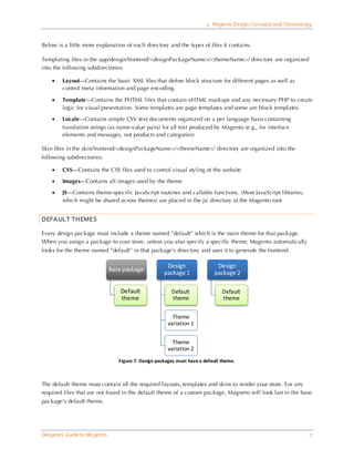 2 Magento Design Concepts and Terminology


Below is a little more explanation of each directory and the types of files it contains.

Templating files in the app/design/frontend/<designPackageName>/<themeName>/ directory are organized
into the following subdirectories:

    •   Layout—Contains the basic XML files that define block structure for different pages as well as
        control meta information and page encoding.

    •   Template—Contains the PHTML files that contain xHTML markups and any necessary PHP to create
        logic for visual presentation. Some templates are page templates and some are block templates.

    •   Locale—Contains simple CSV text documents organized on a per language basis containing
        translation strings (as name-value pairs) for all text produced by Magento (e.g., for interface
        elements and messages, not products and categories)

Skin files in the skin/frontend/<designPackageName>/<themeName>/ directory are organized into the
following subdirectories:

    •   CSS—Contains the CSS files used to control visual styling of the website

    •   Images—Contains all images used by the theme

    •   JS—Contains theme-specific JavaScript routines and callable functions. (Most JavaScript libraries,
        which might be shared across themes) are placed in the js/ directory at the Magento root


DEFAULT THEMES

Every design package must include a theme named ”default” which is the main theme for that package.
When you assign a package to your store, unless you also specify a specific theme, Magento automatically
looks for the theme named ”default” in that package’s directory and uses it to generate the frontend.

                                                      Design                Design
                              Base package
                                                     package 1             package 2

                                  Default               Default                Default
                                  theme                 theme                  theme


                                                        Theme
                                                      variation 1


                                                        Theme
                                                      variation 2
                                 Figure 7. Design packages must have a default theme.



The default theme must contain all the required layouts, templates and skins to render your store. For any
required files that are not found in the default theme of a custom package, Magneto will look last in the base
package’s default theme.




Designers Guide to Ma gento                                                                                     7
 