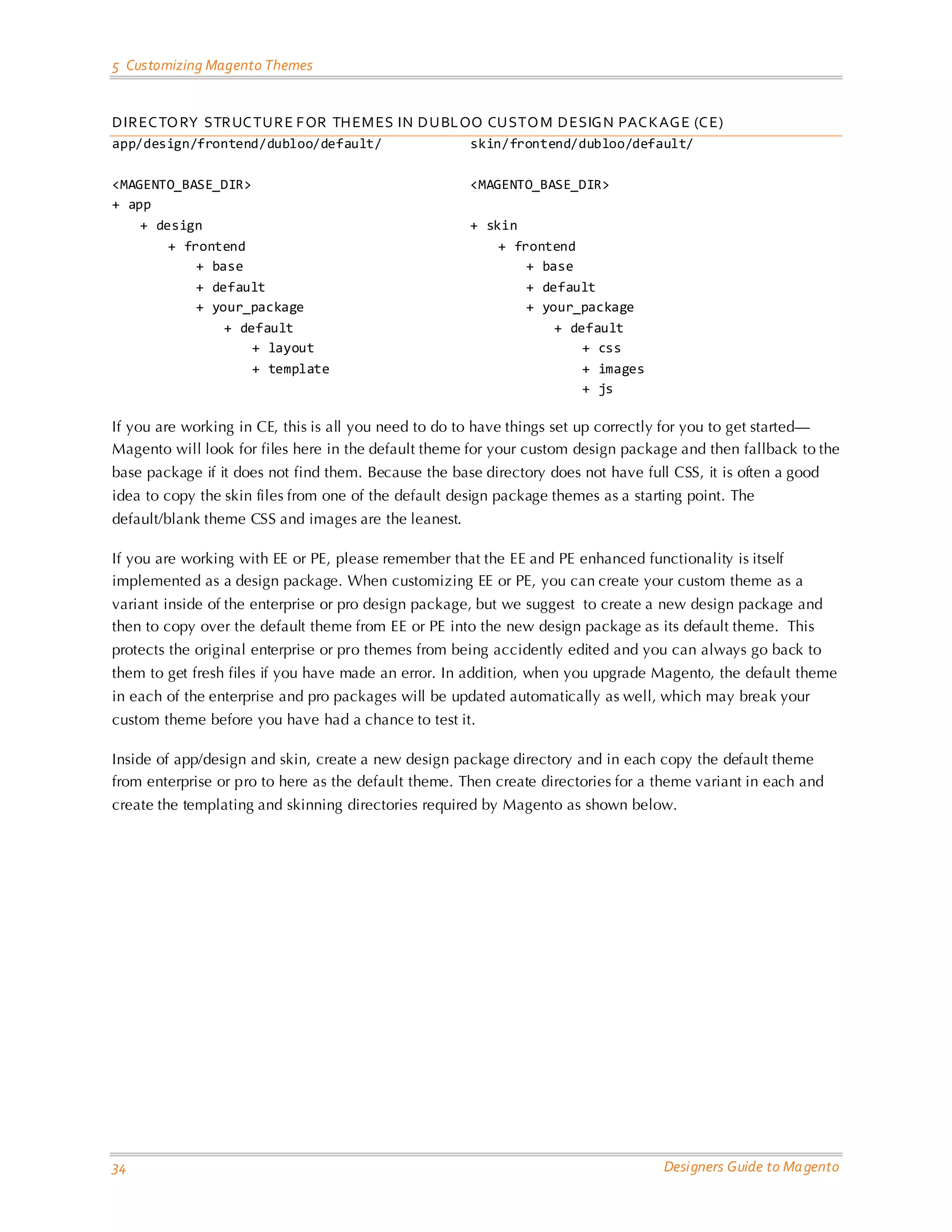 5 Customizing Magento Themes 
34 Designers Guide to Magento 
DIRECTORY STRUCTURE FOR THEMES IN DUBLOO CUSTOM DESIGN PACKAGE (CE) 
app/design/frontend/dubloo/default/ <MAGENTO_BASE_DIR> 
+ app 
+ design 
+ frontend 
+ base 
+ default 
+ your_package 
+ default 
+ layout 
+ template 
skin/frontend/dubloo/default/ <MAGENTO_BASE_DIR> 
+ skin 
+ frontend 
+ base 
+ default 
+ your_package 
+ default 
+ css 
+ images 
+ js 
If you are working in CE, this is all you need to do to have things set up correctly for you to get started— Magento will look for files here in the default theme for your custom design package and then fallback to the base package if it does not find them. Because the base directory does not have full CSS, it is often a good idea to copy the skin files from one of the default design package themes as a starting point. The default/blank theme CSS and images are the leanest. 
If you are working with EE or PE, please remember that the EE and PE enhanced functionality is itself implemented as a design package. When customizing EE or PE, you can create your custom theme as a variant inside of the enterprise or pro design package, but we suggest to create a new design package and then to copy over the default theme from EE or PE into the new design package as its default theme. This protects the original enterprise or pro themes from being accidently edited and you can always go back to them to get fresh files if you have made an error. In addition, when you upgrade Magento, the default theme in each of the enterprise and pro packages will be updated automatically as well, which may break your custom theme before you have had a chance to test it. 
Inside of app/design and skin, create a new design package directory and in each copy the default theme from enterprise or pro to here as the default theme. Then create directories for a theme variant in each and create the templating and skinning directories required by Magento as shown below. 
 