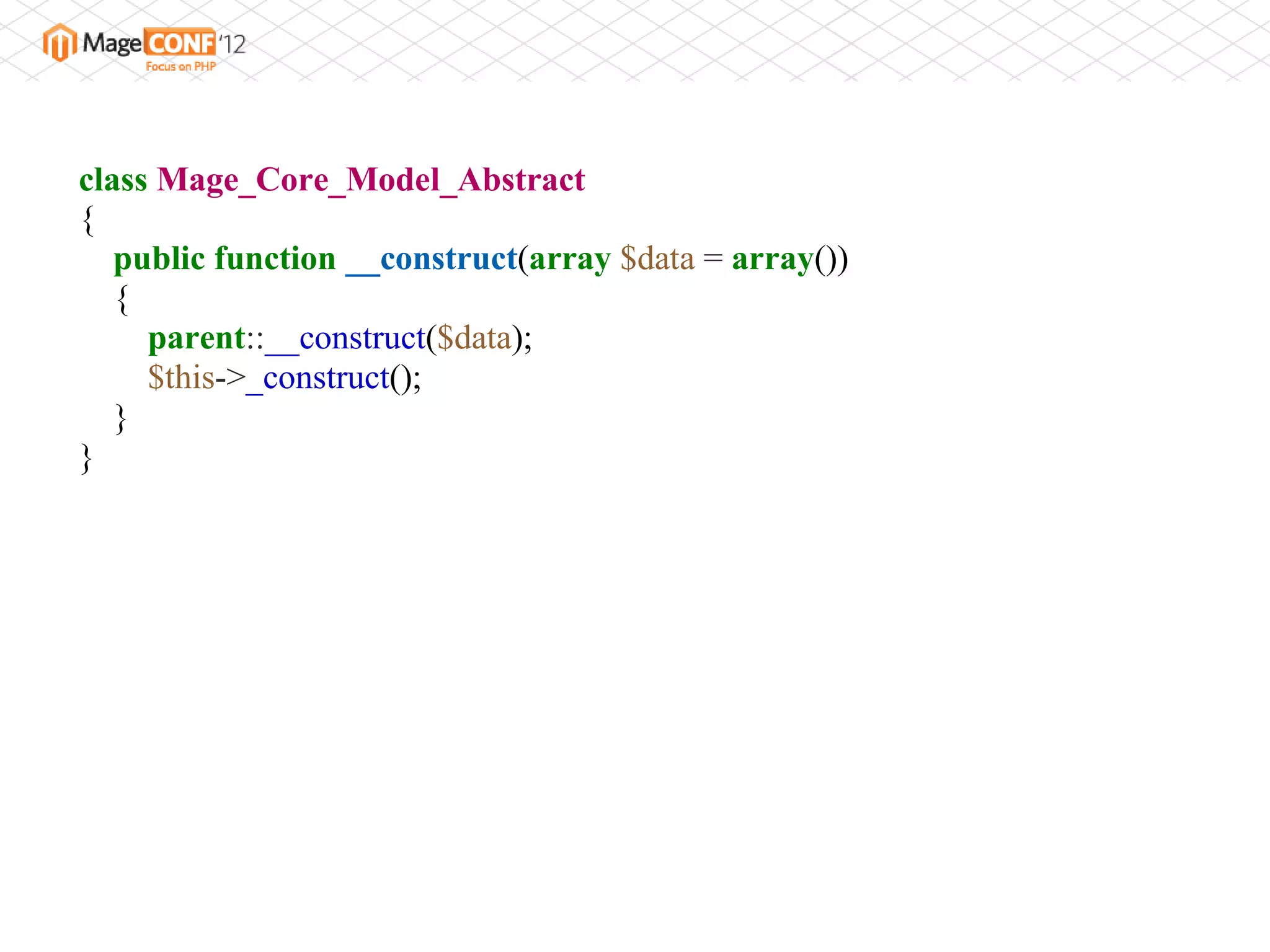 class Mage_Core_Model_Abstract
{
   public function __construct(array $data = array())
   {
     parent::__construct($data);
     $this->_construct();
   }
}
 