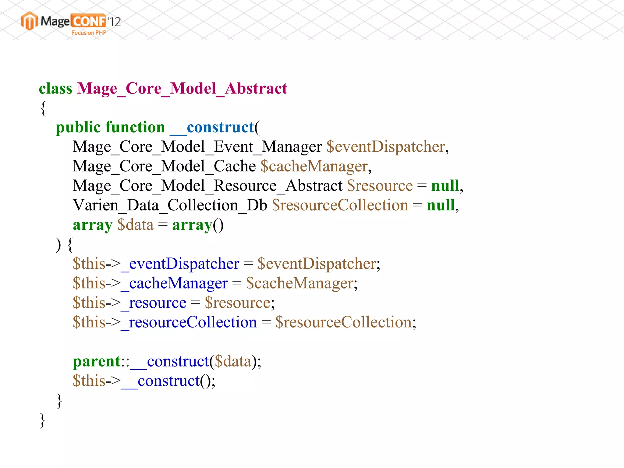 class Mage_Core_Model_Abstract
{
   public function __construct(
     Mage_Core_Model_Event_Manager $eventDispatcher,
     Mage_Core_Model_Cache $cacheManager,
     Mage_Core_Model_Resource_Abstract $resource = null,
     Varien_Data_Collection_Db $resourceCollection = null,
     array $data = array()
   ){
     $this->_eventDispatcher = $eventDispatcher;
     $this->_cacheManager = $cacheManager;
     $this->_resource = $resource;
     $this->_resourceCollection = $resourceCollection;

        parent::__construct($data);
        $this->__construct();
    }
}
 