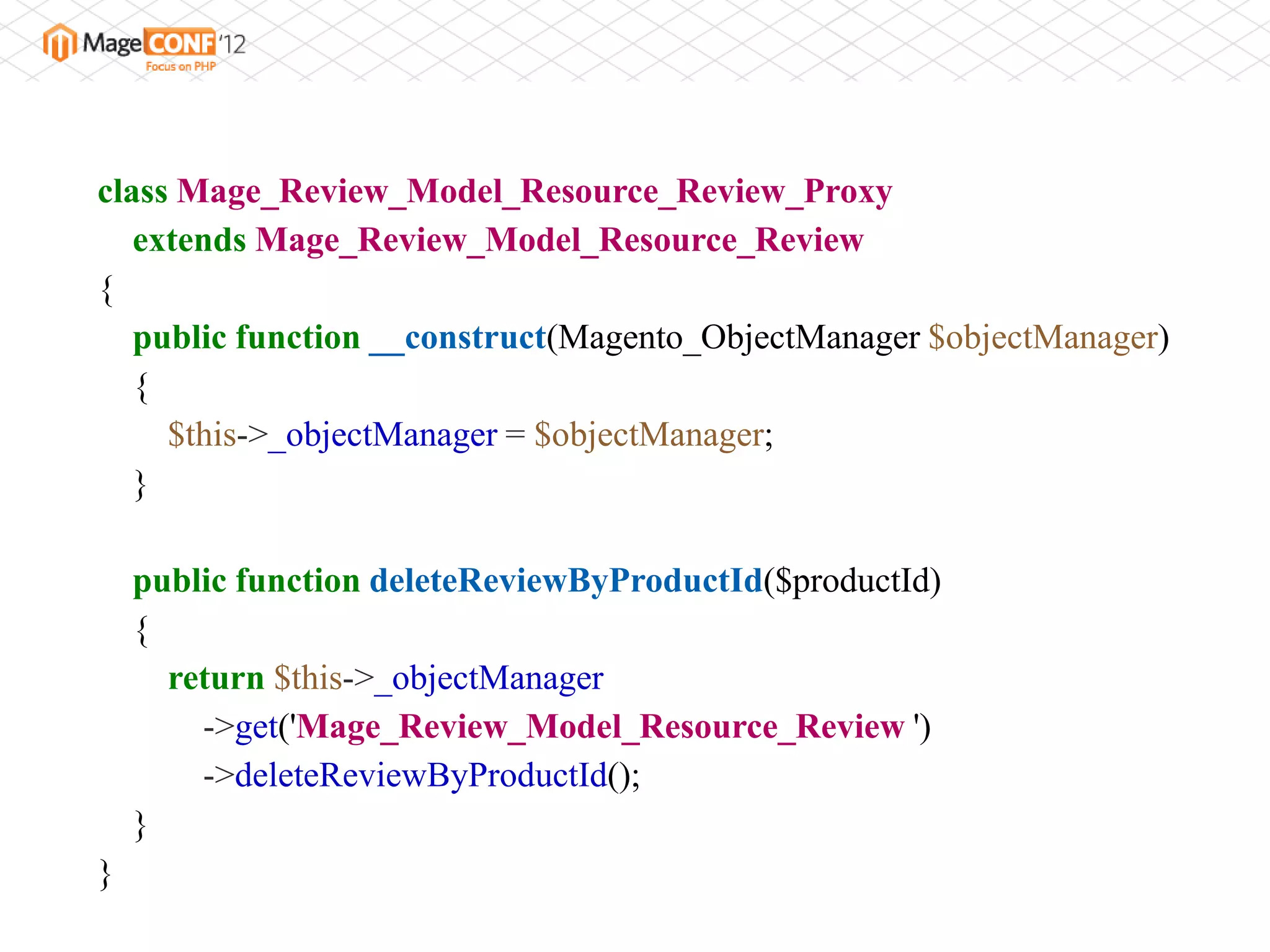 class Mage_Review_Model_Resource_Review_Proxy
   extends Mage_Review_Model_Resource_Review
{
   public function __construct(Magento_ObjectManager $objectManager)
   {
     $this->_objectManager = $objectManager;
   }

    public function deleteReviewByProductId($productId)
    {
      return $this->_objectManager
        ->get('Mage_Review_Model_Resource_Review ')
        ->deleteReviewByProductId();
    }
}
 