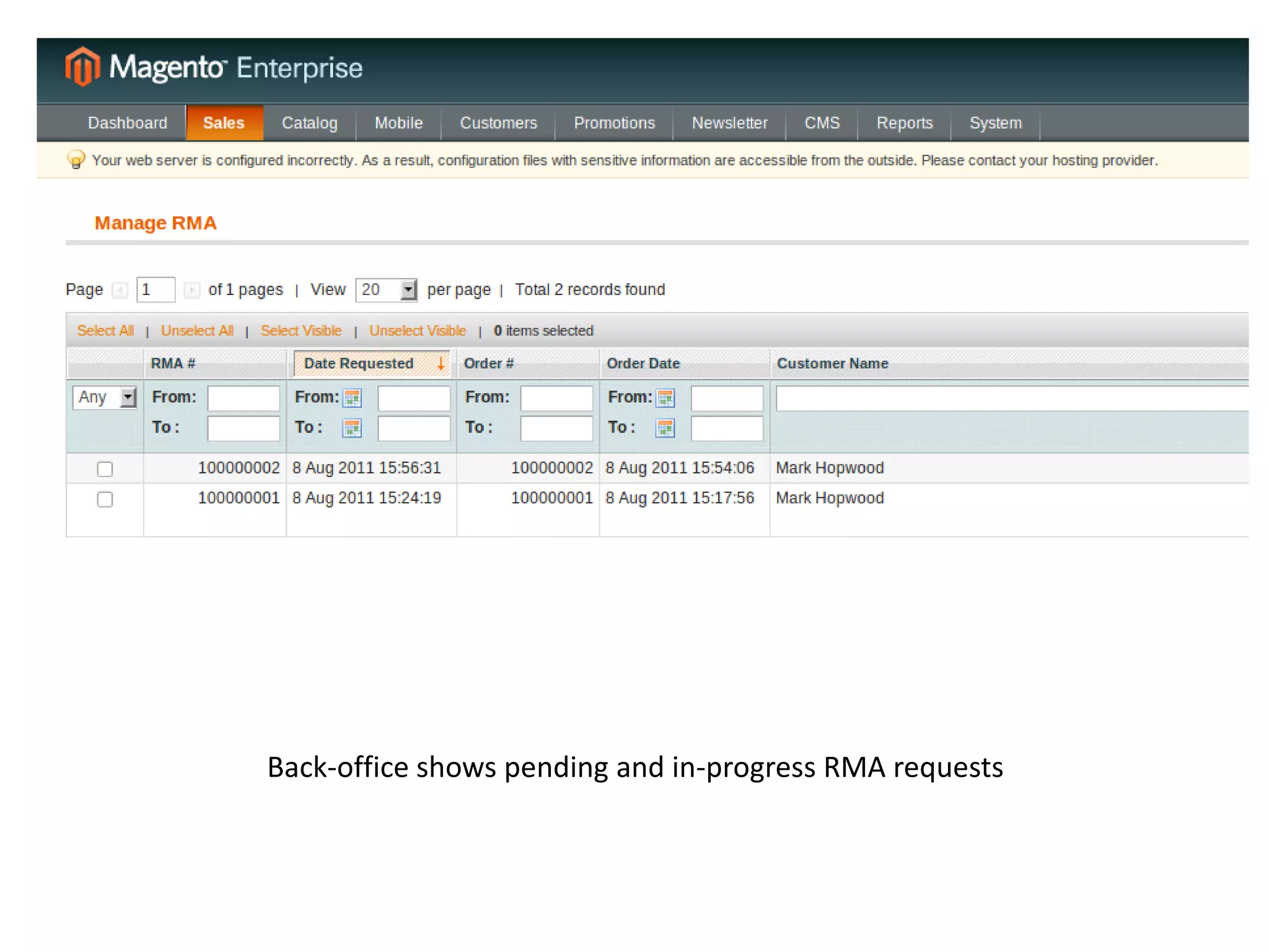 Back-office shows pending and in-progress RMA requests