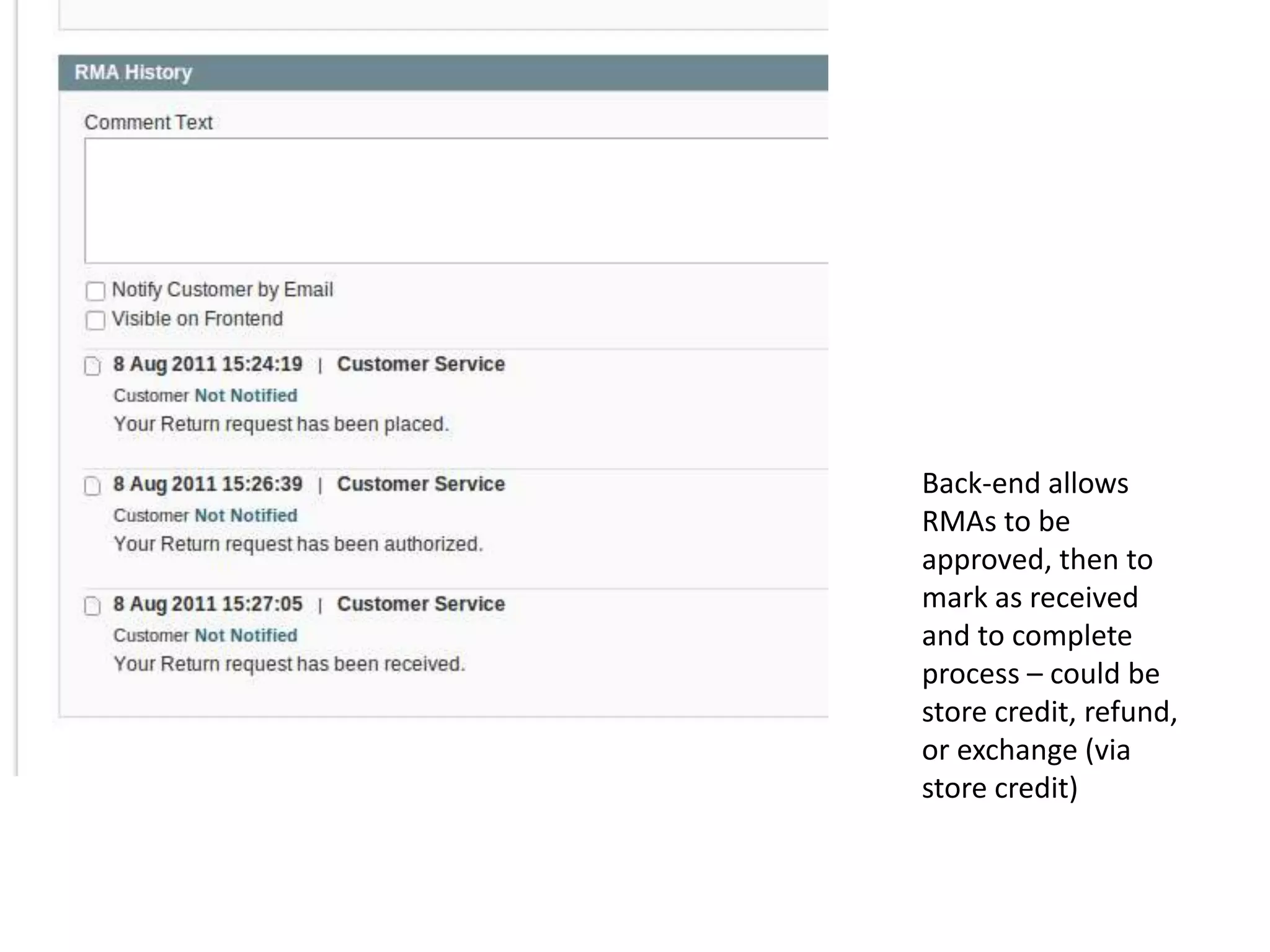 Back-end allows RMAs to be approved, then to mark as received and to complete process – could be store credit, refund, or exchange (via store credit)