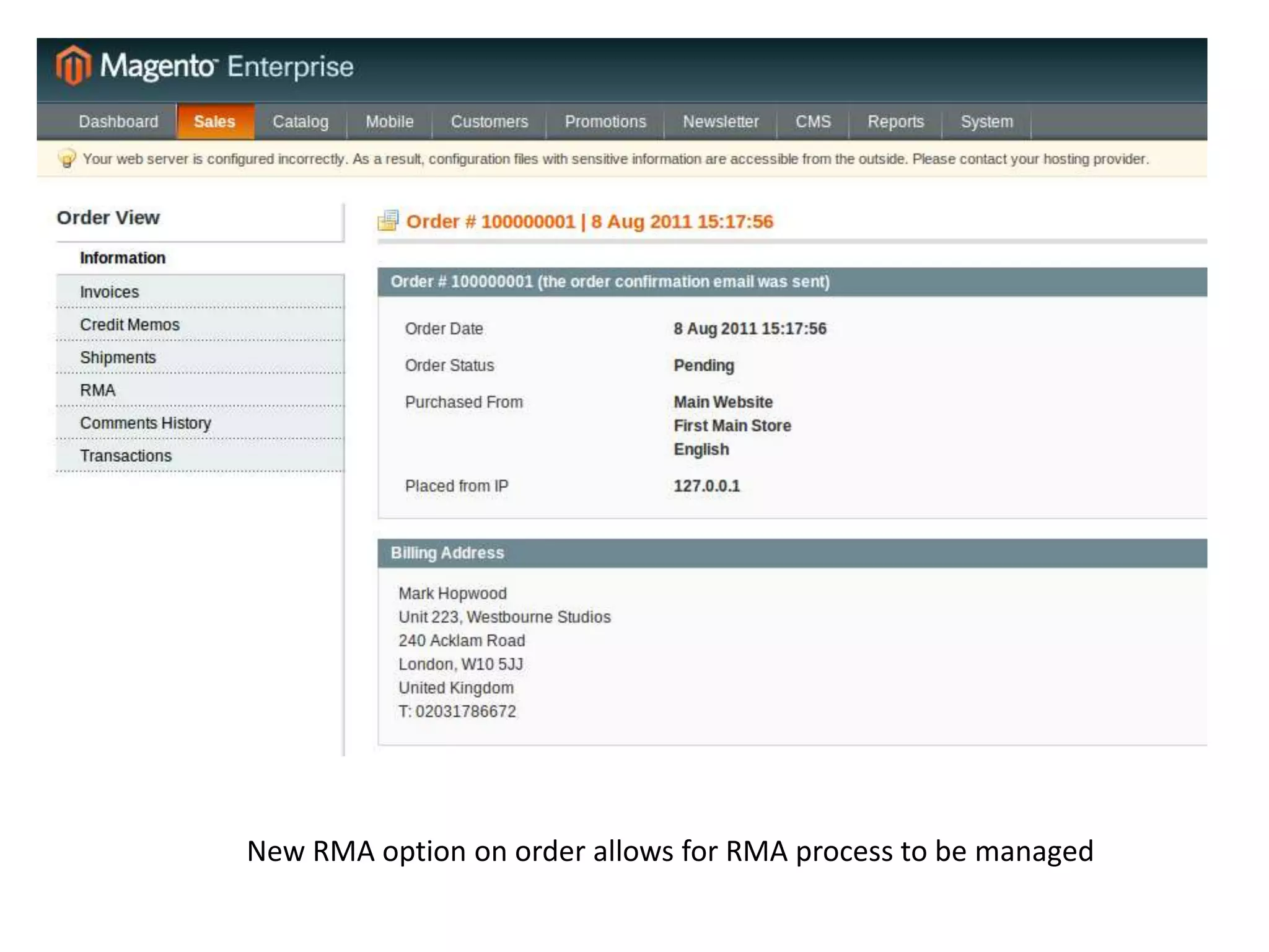 New RMA option on order allows for RMA process to be managed
