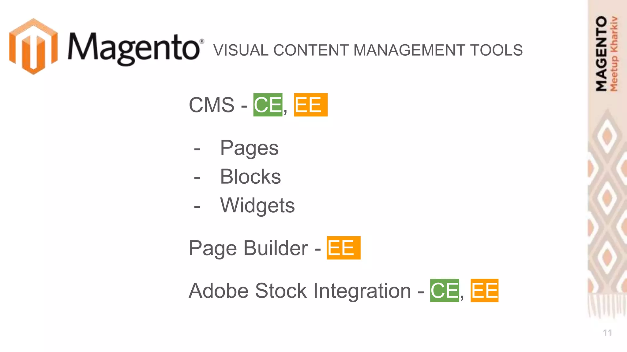 11
VISUAL CONTENT MANAGEMENT TOOLS
CMS - CE, EE
- Pages
- Blocks
- Widgets
Page Builder - EE
Adobe Stock Integration - CE, EE
 