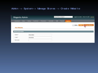 Admin -> System -> Manage Stores -> Create Website 