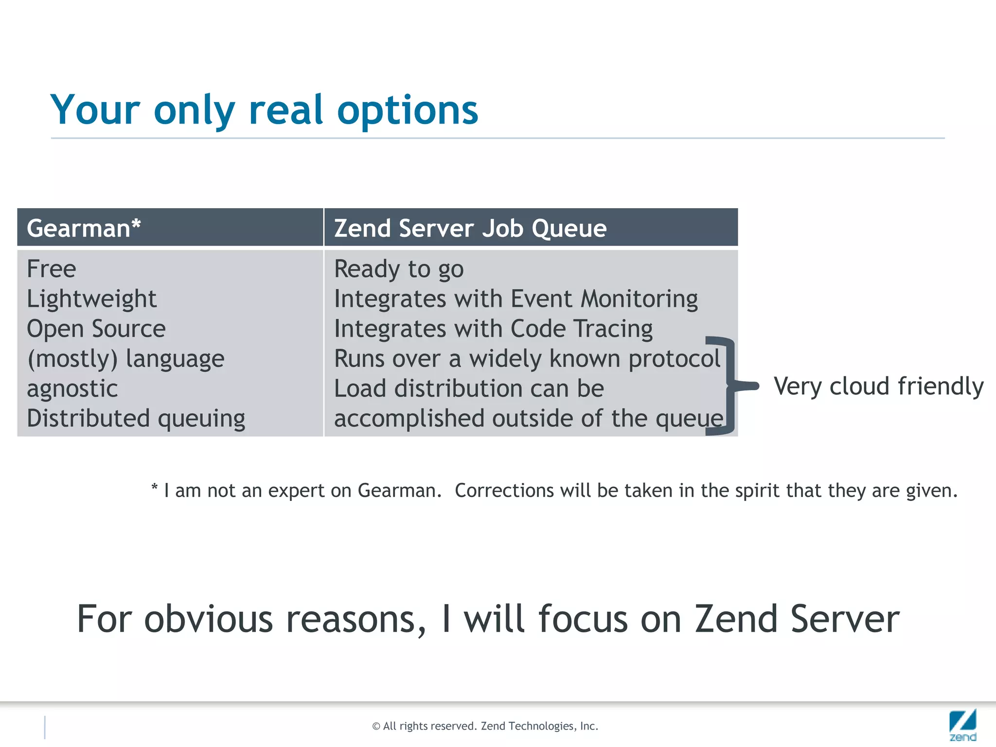OptionsUse Cron /w PHP CLI (not the best idea)People mostly use cron simply due to availabilityIt’s an available option, not necessarily the best option.Use GearmanUse home-grown (don’t do this)Use pcntl_fork() (NEVER do this)Use Zend Server Job Queue
