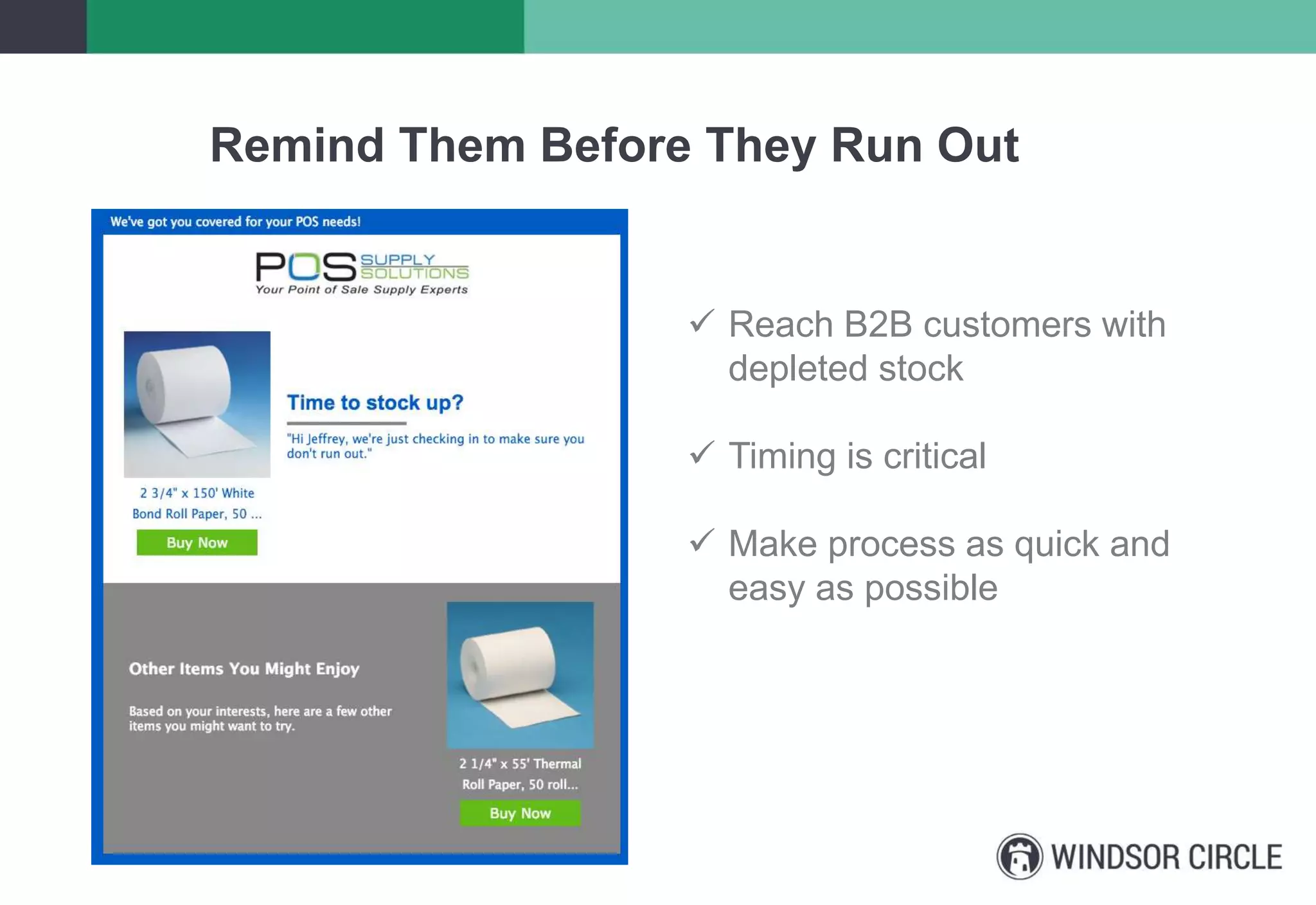 Remind Them Before They Run Out
 Reach B2B customers with
depleted stock
 Timing is critical
 Make process as quick and
easy as possible
 