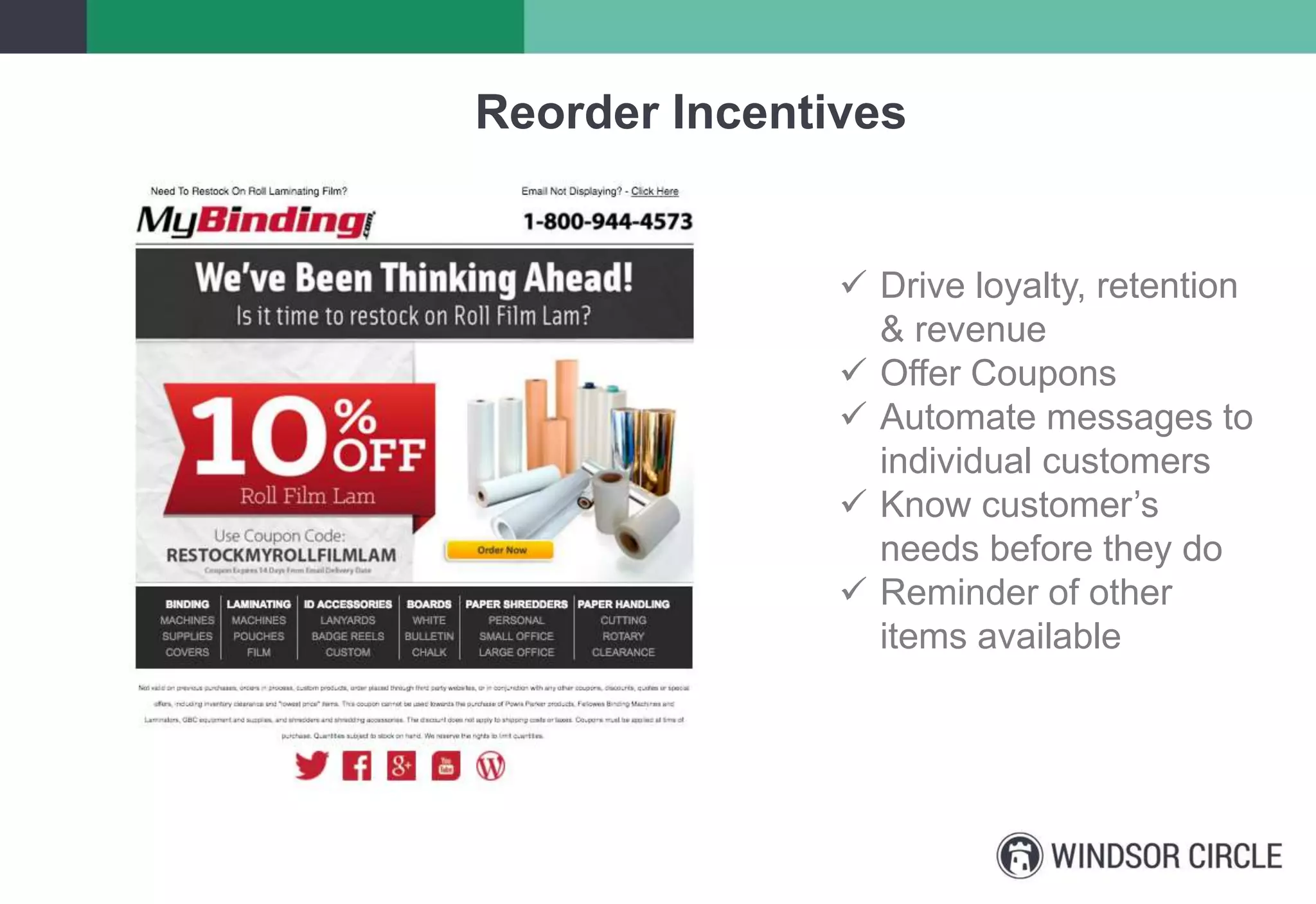 Reorder Incentives
 Drive loyalty, retention
& revenue
 Offer Coupons
 Automate messages to
individual customers
 Know customer’s
needs before they do
 Reminder of other
items available
 
