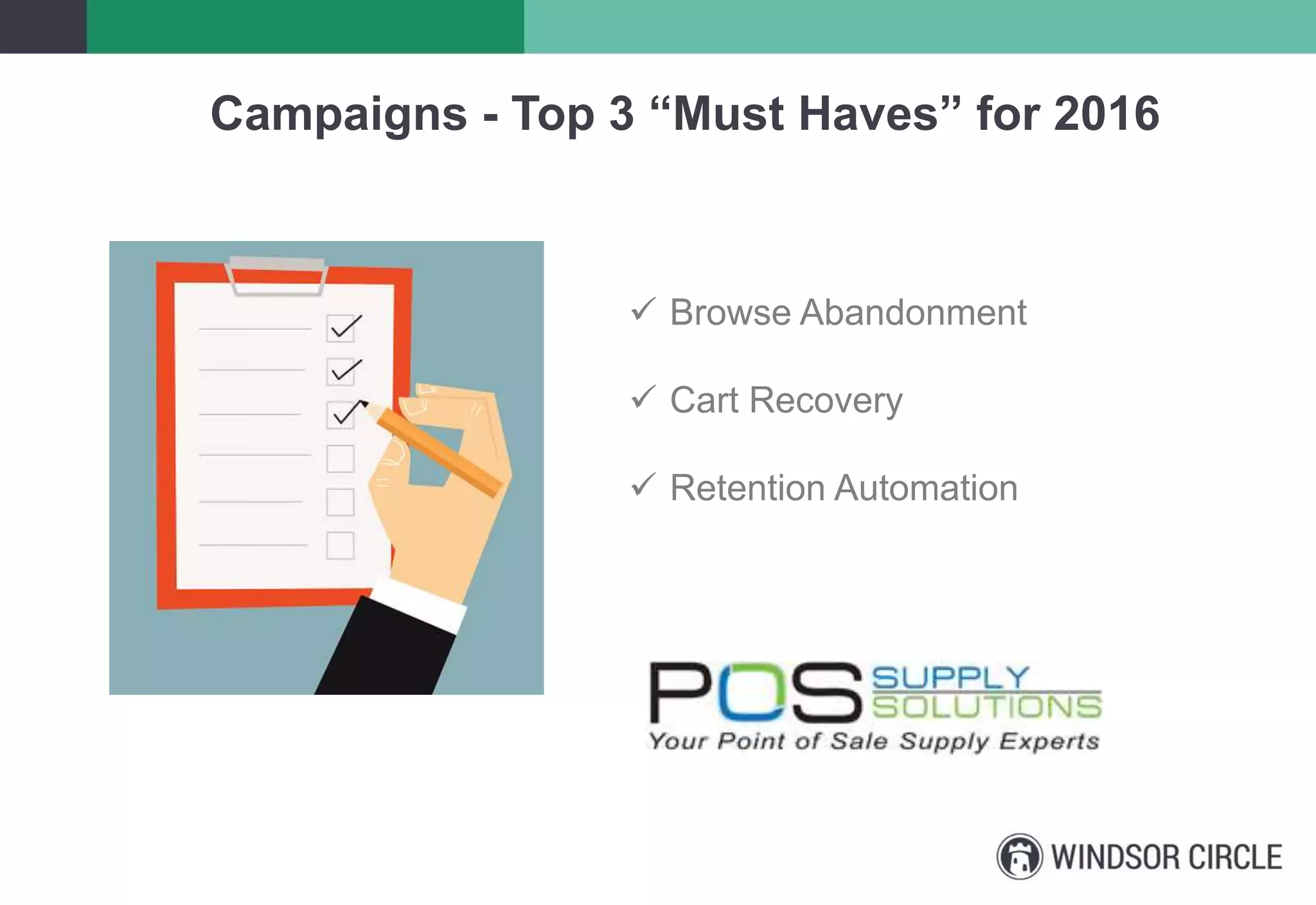 Browse Abandonment
 Cart Recovery
 Retention Automation
Campaigns - Top 3 “Must Haves” for 2016
 