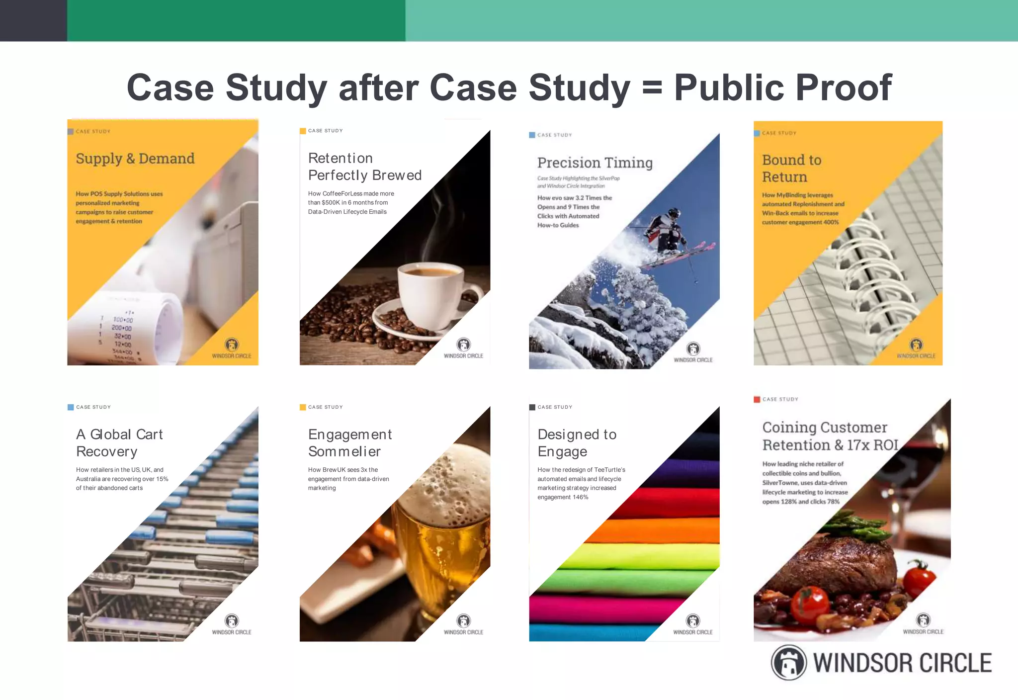 Case Study after Case Study = Public Proof
Retention
Perfectly Brewed
How CoffeeForLess made more 
than $500K in 6 months from
Data‐Driven Lifecycle Emails
CA SE ST U D Y
A Global Cart
Recovery
How retailers in the US, UK, and
Australia are recovering over 15%
of their abandoned carts
CA SE ST U D Y
Engagement
Sommelier
How BrewUK sees 3x the
engagement from data‐driven
marketing
CA SE ST U D Y
Designed to
Engage
How the redesign of TeeTurtle’s
automated emails and lifecycle
marketing strategy increased
engagement 146%
CA SE ST U D Y
 
