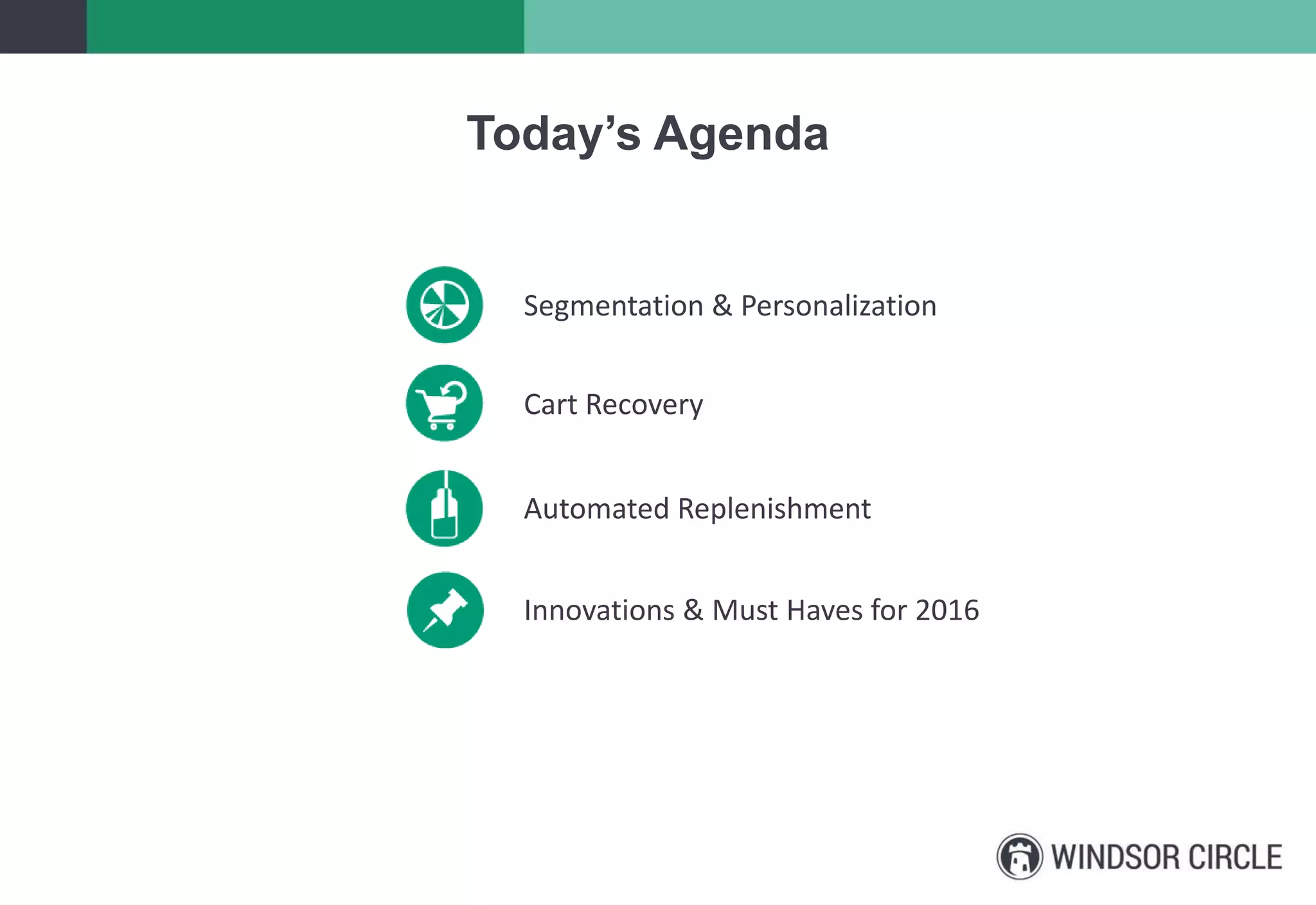 Today’s Agenda
Segmentation & Personalization
Cart Recovery
Automated Replenishment
Innovations & Must Haves for 2016
 