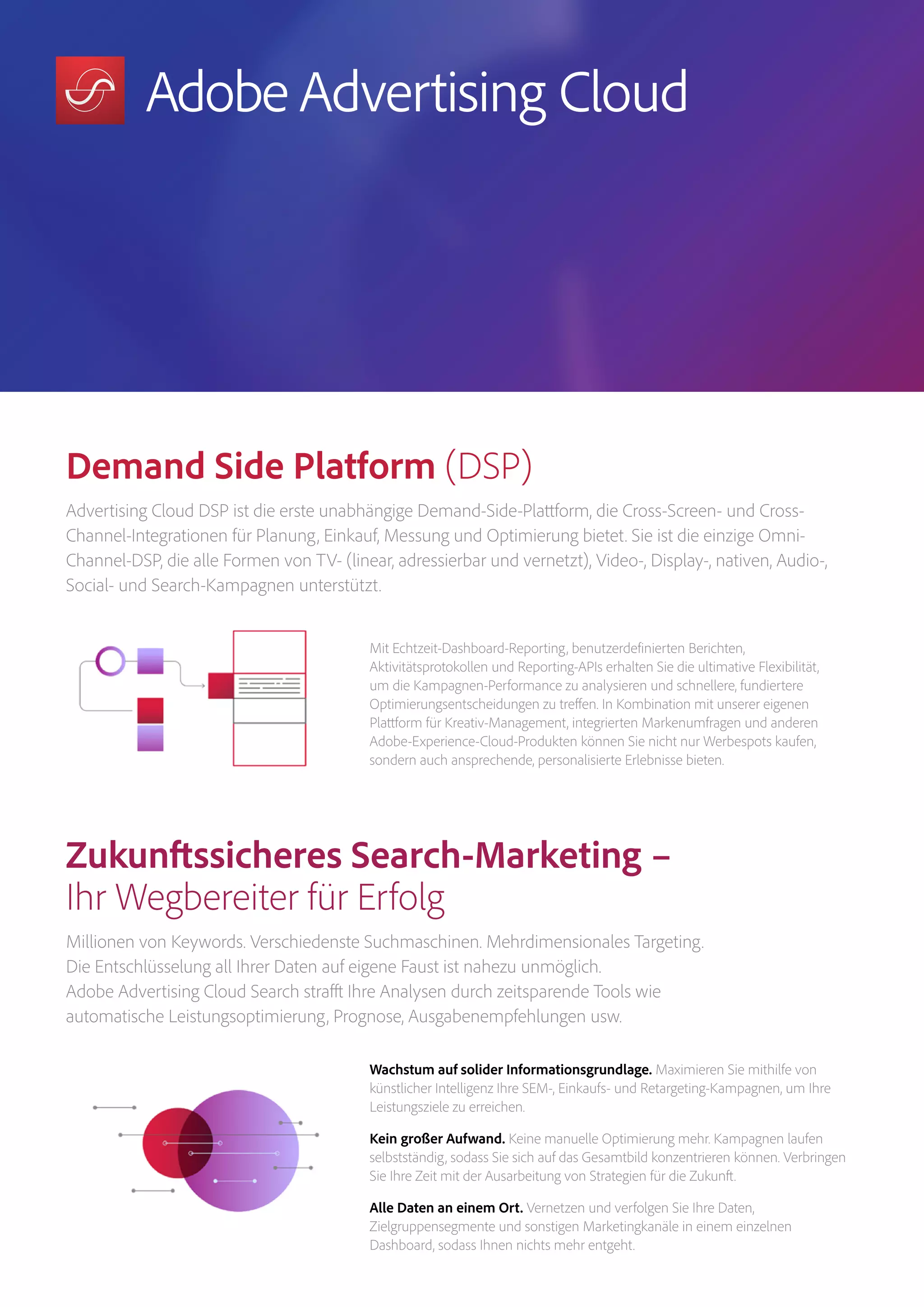 Magento Commerce – Teil der Adobe Commerce Cloud – Seite 4
Mit Echtzeit-Dashboard-Reporting, benutzerdefinierten Berichten,
Aktivitätsprotokollen und Reporting-APIs erhalten Sie die ultimative Flexibilität,
um die Kampagnen-Performance zu analysieren und schnellere, fundiertere
Optimierungsentscheidungen zu treffen. In Kombination mit unserer eigenen
Plattform für Kreativ-Management, integrierten Markenumfragen und anderen
Adobe-Experience-Cloud-Produkten können Sie nicht nur Werbespots kaufen,
sondern auch ansprechende, personalisierte Erlebnisse bieten.
Wachstum auf solider Informationsgrundlage. Maximieren Sie mithilfe von
künstlicher Intelligenz Ihre SEM-, Einkaufs- und Retargeting-Kampagnen, um Ihre
Leistungsziele zu erreichen.
Kein großer Aufwand. Keine manuelle Optimierung mehr. Kampagnen laufen
selbstständig, sodass Sie sich auf das Gesamtbild konzentrieren können. Verbringen
Sie Ihre Zeit mit der Ausarbeitung von Strategien für die Zukunft.
Alle Daten an einem Ort. Vernetzen und verfolgen Sie Ihre Daten,
Zielgruppensegmente und sonstigen Marketingkanäle in einem einzelnen
Dashboard, sodass Ihnen nichts mehr entgeht.
Demand Side Platform (DSP)
Advertising Cloud DSP ist die erste unabhängige Demand-Side-Plattform, die Cross-Screen- und Cross-
Channel-Integrationen für Planung, Einkauf, Messung und Optimierung bietet. Sie ist die einzige Omni-
Channel-DSP, die alle Formen von TV- (linear, adressierbar und vernetzt), Video-, Display-, nativen, Audio-,
Social- und Search-Kampagnen unterstützt.
Zukunftssicheres Search-Marketing –
Ihr Wegbereiter für Erfolg
Millionen von Keywords. Verschiedenste Suchmaschinen. Mehrdimensionales Targeting.
Die Entschlüsselung all Ihrer Daten auf eigene Faust ist nahezu unmöglich.
Adobe Advertising Cloud Search strafft Ihre Analysen durch zeitsparende Tools wie
automatische Leistungsoptimierung, Prognose, Ausgabenempfehlungen usw.
 