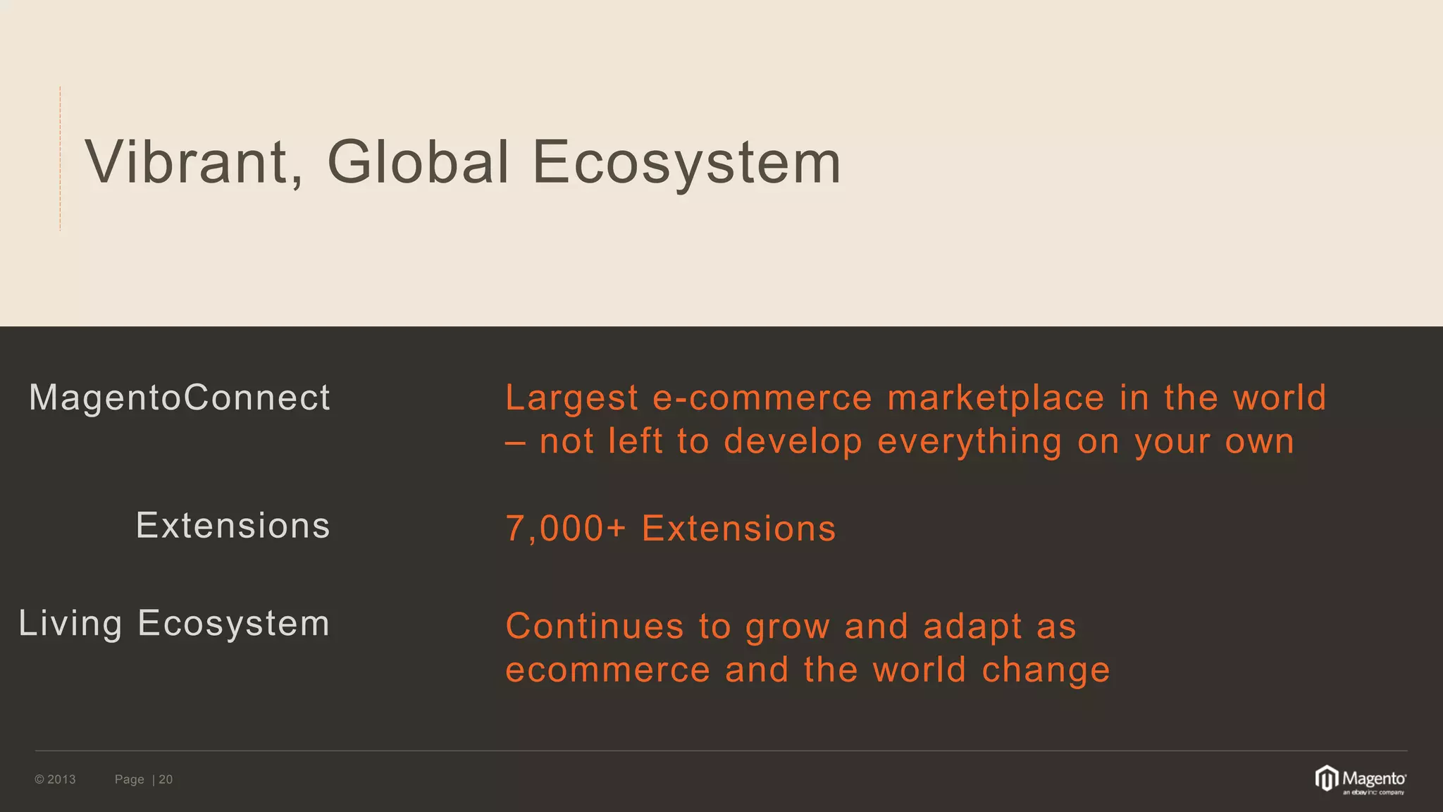 © 2013 
Page | 20 
Vibrant, Global Ecosystem 
MagentoConnect 
Extensions 
Largest e-commerce marketplace in the world – not left to develop everything on your own 
7,000+ Extensions 
Living Ecosystem 
Continues to grow and adapt as ecommerce and the world change  