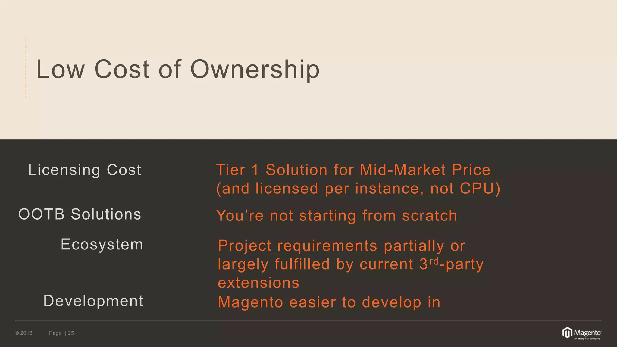 © 2013 
Page | 25 
Low Cost of Ownership 
Licensing Cost 
OOTB Solutions 
Ecosystem 
Tier 1 Solution for Mid-Market Price (and licensed per instance, not CPU) 
You’re not starting from scratch 
Project requirements partially or largely fulfilled by current 3rd-party extensions 
Development 
Magento easier to develop in  