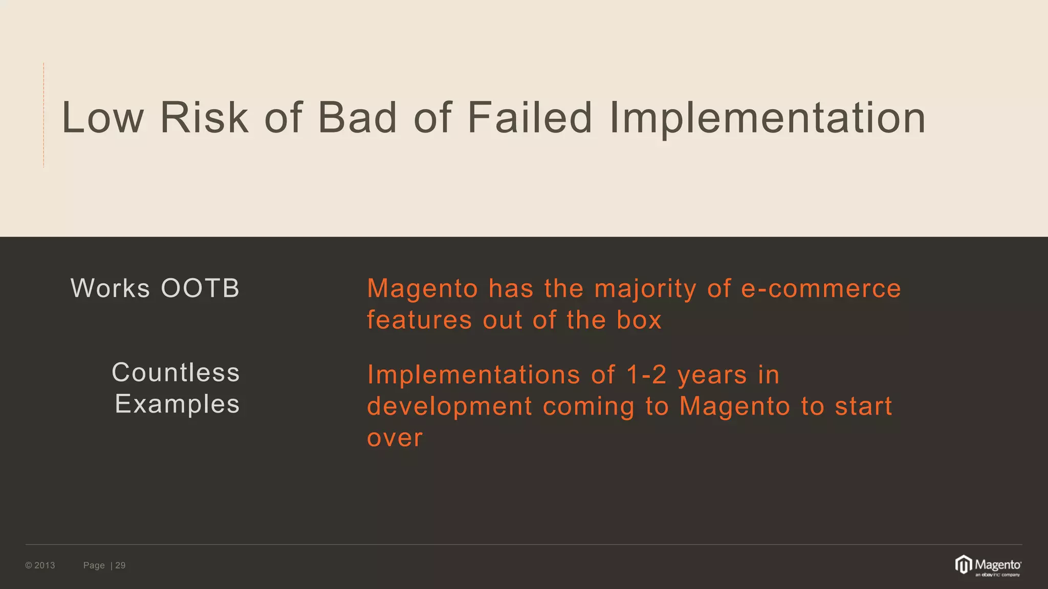 © 2013 
Page | 29 
Low Risk of Bad of Failed Implementation 
Works OOTB 
Countless Examples 
Magento has the majority of e-commerce features out of the box 
Implementations of 1-2 years in development coming to Magento to start over  