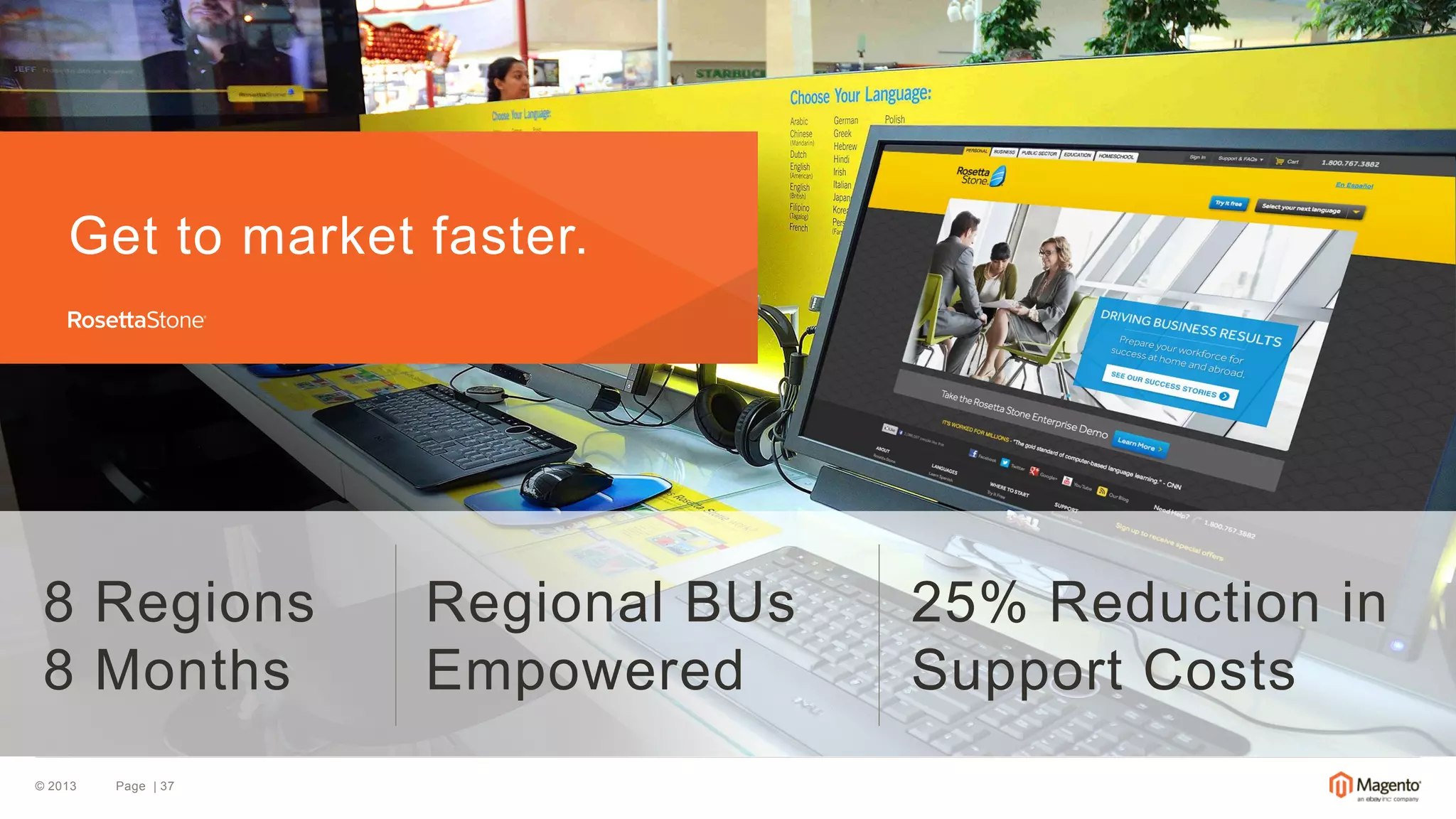 © 2013 Page | 37 
Get to market faster. 
8 Regions 
8 Months 
Regional BUs 
Empowered 
25% Reduction in 
Support Costs 
 
