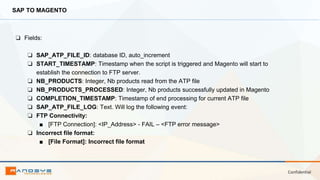 Confidential
SAP TO MAGENTO
❏ Fields:
❏ SAP_ATP_FILE_ID: database ID, auto_increment
❏ START_TIMESTAMP: Timestamp when the script is triggered and Magento will start to
establish the connection to FTP server.
❏ NB_PRODUCTS: Integer, Nb products read from the ATP file
❏ NB_PRODUCTS_PROCESSED: Integer, Nb products successfully updated in Magento
❏ COMPLETION_TIMESTAMP: Timestamp of end processing for current ATP file
❏ SAP_ATP_FILE_LOG: Text. Will log the following event:
❏ FTP Connectivity:
■ [FTP Connection]: <IP_Address> - FAIL – <FTP error message>
❏ Incorrect file format:
■ [File Format]: Incorrect file format
 