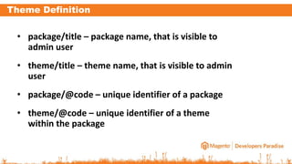 Theme Definition
• package/title – package name, that is visible to
admin user
• theme/title – theme name, that is visible to admin
user
• package/@code – unique identifier of a package
• theme/@code – unique identifier of a theme
within the package
 
