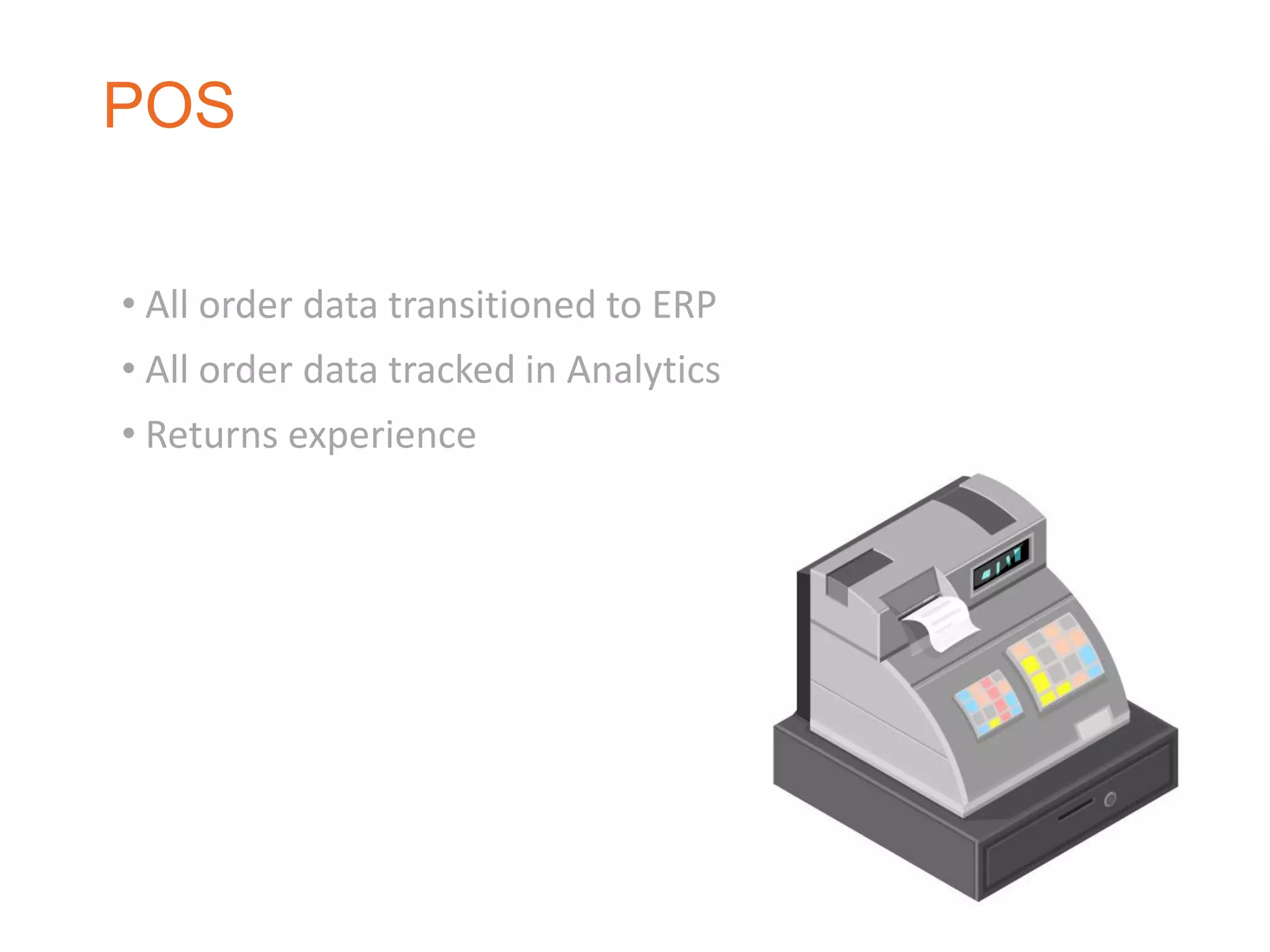 POS
• All order data transitioned to ERP
• All order data tracked in Analytics
• Returns experience
 