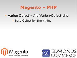 Magento – PHP

Varien Object – /lib/Varien/Object.php

Base Object for Everything
 