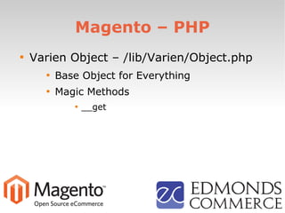 Magento – PHP

Varien Object – /lib/Varien/Object.php

Base Object for Everything

Magic Methods

__get
 