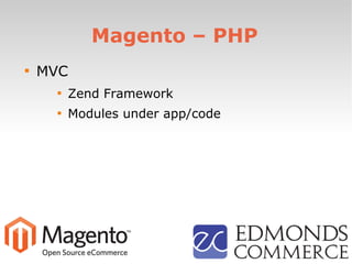 Magento – PHP

MVC

Zend Framework

Modules under app/code
 
