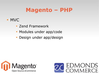 Magento – PHP

MVC

Zend Framework

Modules under app/code

Design under app/design
 