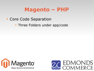 Magento – PHP

Core Code Separation

Three Folders under app/code
 