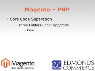Magento – PHP

Core Code Separation

Three Folders under app/code

Core
 