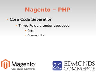 Magento – PHP

Core Code Separation

Three Folders under app/code

Core

Community
 
