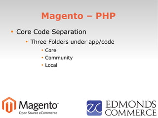 Magento – PHP

Core Code Separation

Three Folders under app/code

Core

Community

Local
 