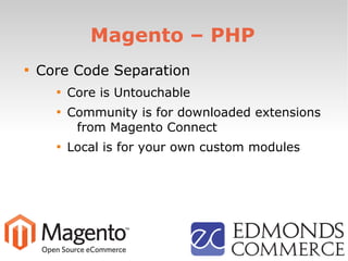Magento – PHP

Core Code Separation

Core is Untouchable

Community is for downloaded extensions
from Magento Connect

Local is for your own custom modules
 