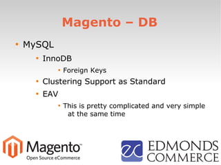 Magento – DB

MySQL

InnoDB

Foreign Keys

Clustering Support as Standard

EAV

This is pretty complicated and very simple
at the same time
 