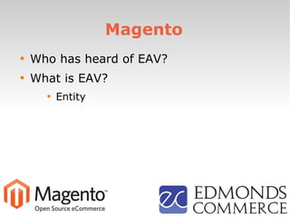 Magento

Who has heard of EAV?

What is EAV?

Entity
 