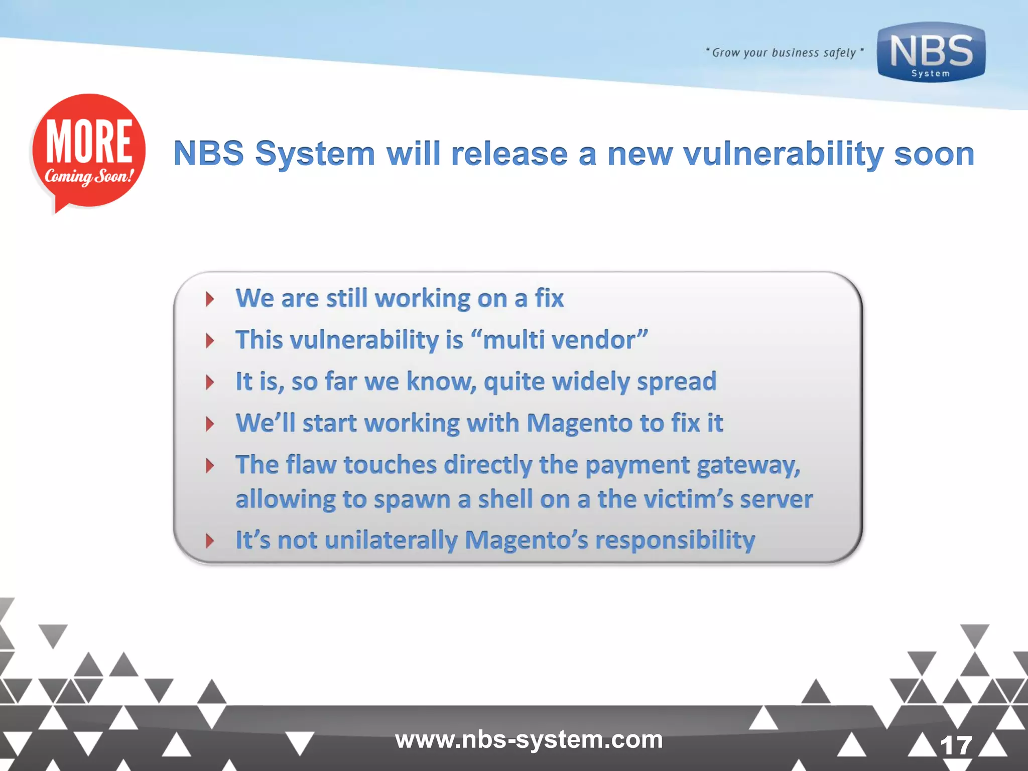 17www.nbs-system.com 17www.nbs-system.com NBS System will release a new vulnerability soon 