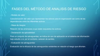FASES DEL MÉTODO DE ANALISIS DE RIESGO
- Modelo de valor:
Caracterización del valor que representan los activos para la organización así como de las
dependencias entre los diferentes activos.
- Mapa de riesgos:
Relación de las amenazas a que están expuestos los activos.
- Declaración de aplicabilidad:
Para un conjunto de salvaguardas, se indica sin son de aplicación en el sistema de información
bajo estudio o si, por el contrario, carecen de sentido.
- Evaluación de salvaguardas:
Evaluación de la eficacia de las salvaguardas existentes en relación al riesgo que afrontan.
 