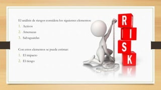 El análisis de riesgos considera los siguientes elementos:
1. Activos
2. Amenazas
3. Salvaguardas
Con estos elementos se puede estimar:
1. El impacto
2. El riesgo
 