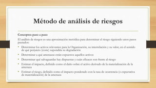 Método de análisis de riesgos
Conceptos paso a paso
El análisis de riesgos es una aproximación metódica para determinar el riesgo siguiendo unos pasos
pautados:
• Determinar los activos relevantes para la Organización, su interrelación y su valor, en el sentido
de qué perjuicio (coste) supondría su degradación
• Determinar a qué amenazas están expuestos aquellos activos
• Determinar qué salvaguardas hay dispuestas y cuán eficaces son frente al riesgo
• Estimar el impacto, definido como el daño sobre el activo derivado de la materialización de la
amenaza
• Estimar el riesgo, definido como el impacto ponderado con la tasa de ocurrencia (o expectativa
de materialización) de la amenaza
 