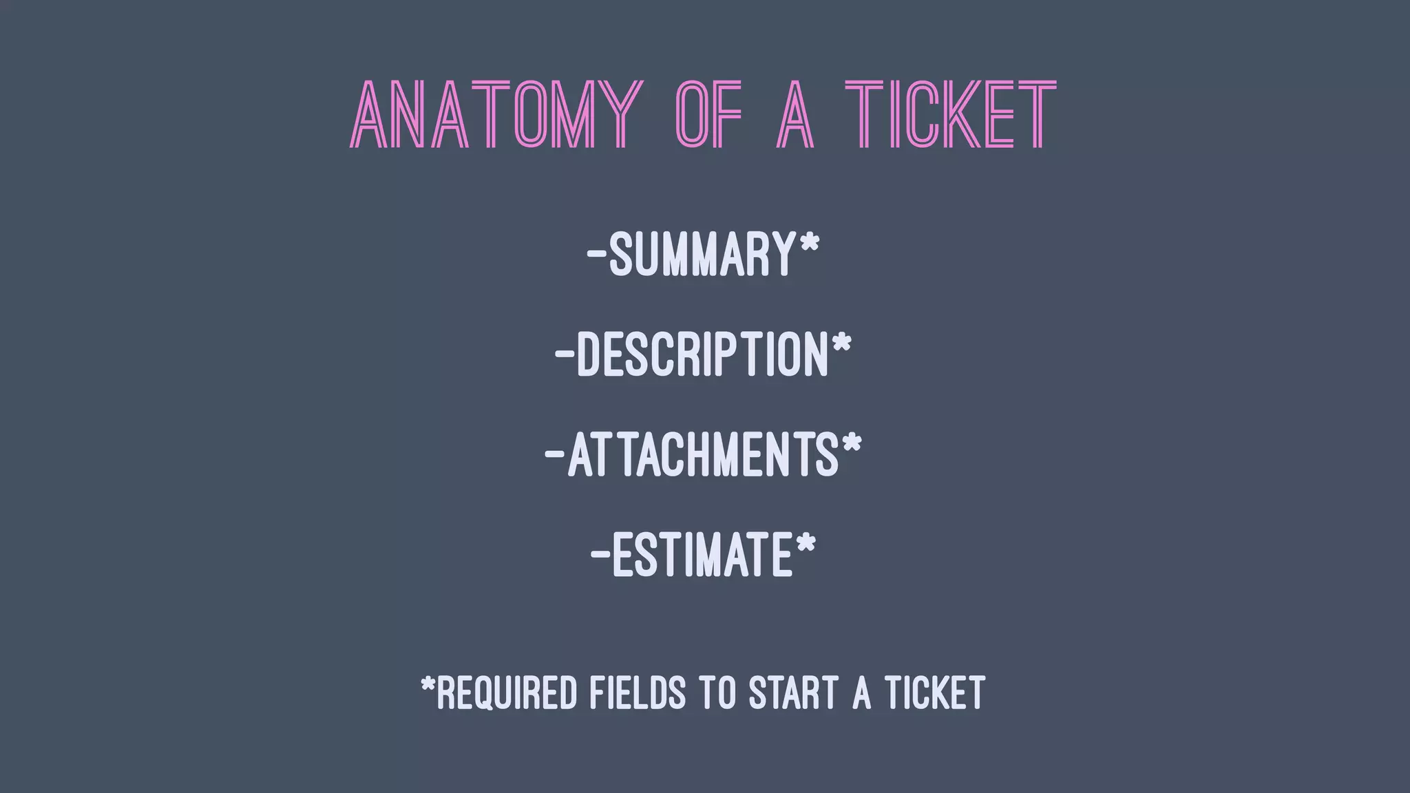 ANATOMY OF A TICKET
-Summary*
-Description*
-Attachments*
-Estimate*
*REQUIRED FIELDS TO START A TICKET
 