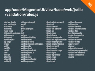 app/code/Magento/Ui/view/base/web/js/lib
/validation/rules.js
min_text_length
max_text_length
max-words
min-words
range-words
letters-with-basic-punc
alphanumeric
letters-only
no-whitespace
zip-range
integer
vinUS
dateITA
dateNL
time
time12h
phoneUS
phoneUK
mobileUK
stripped-min-length
email2
url2
credit-card-types
ipv4
ipv6
pattern
validate-no-html-tags
validate-select
validate-no-empty
validate-alphanum-with-spaces
validate-data
validate-street
validate-phoneStrict
validate-phoneLax
validate-fax
validate-email
validate-emailSender
validate-password
validate-admin-password
validate-url
validate-clean-url
validate-xml-identifier
validate-ssn
validate-zip-us
validate-date-au
validate-currency-dollar
validate-not-negative-number
validate-zero-or-greater
validate-greater-than-zero
validate-css-length
validate-number
validate-number-range
validate-digits
validate-digits-range
validate-range
validate-alpha
validate-code
validate-alphanum
validate-date
validate-identifier
validate-zip-international
validate-state
less-than-equals-to
greater-than-equals-to
validate-emails
validate-cc-number
validate-cc-ukss
required-entry
checked
not-negative-amount
validate-per-page-value-list
validate-new-password
validate-item-quantity
equalTo
M
2
 